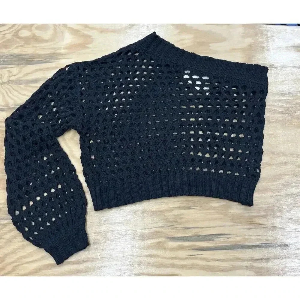 Anthropologie Maeve One-Shoulder Crochet Sweater Open Stitch Black One Size - Picture 4 of 13